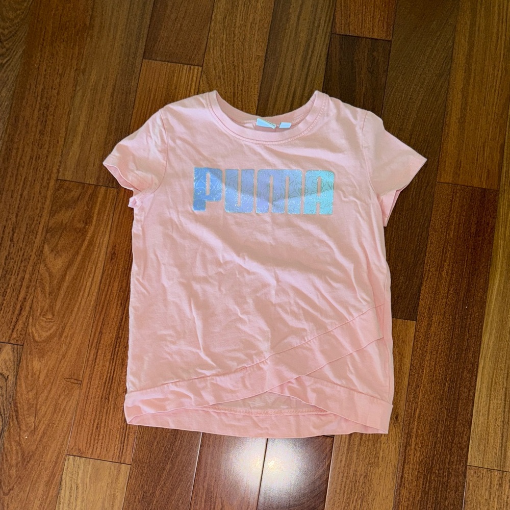 PUMA Kids Light Pink Tee with Blue Logo